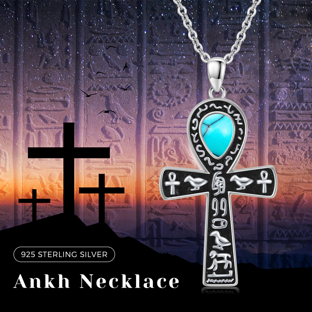 Halskette mit Ankh-Anhänger aus Sterlingsilber mit schwarzer Beschichtung und Türkis-5