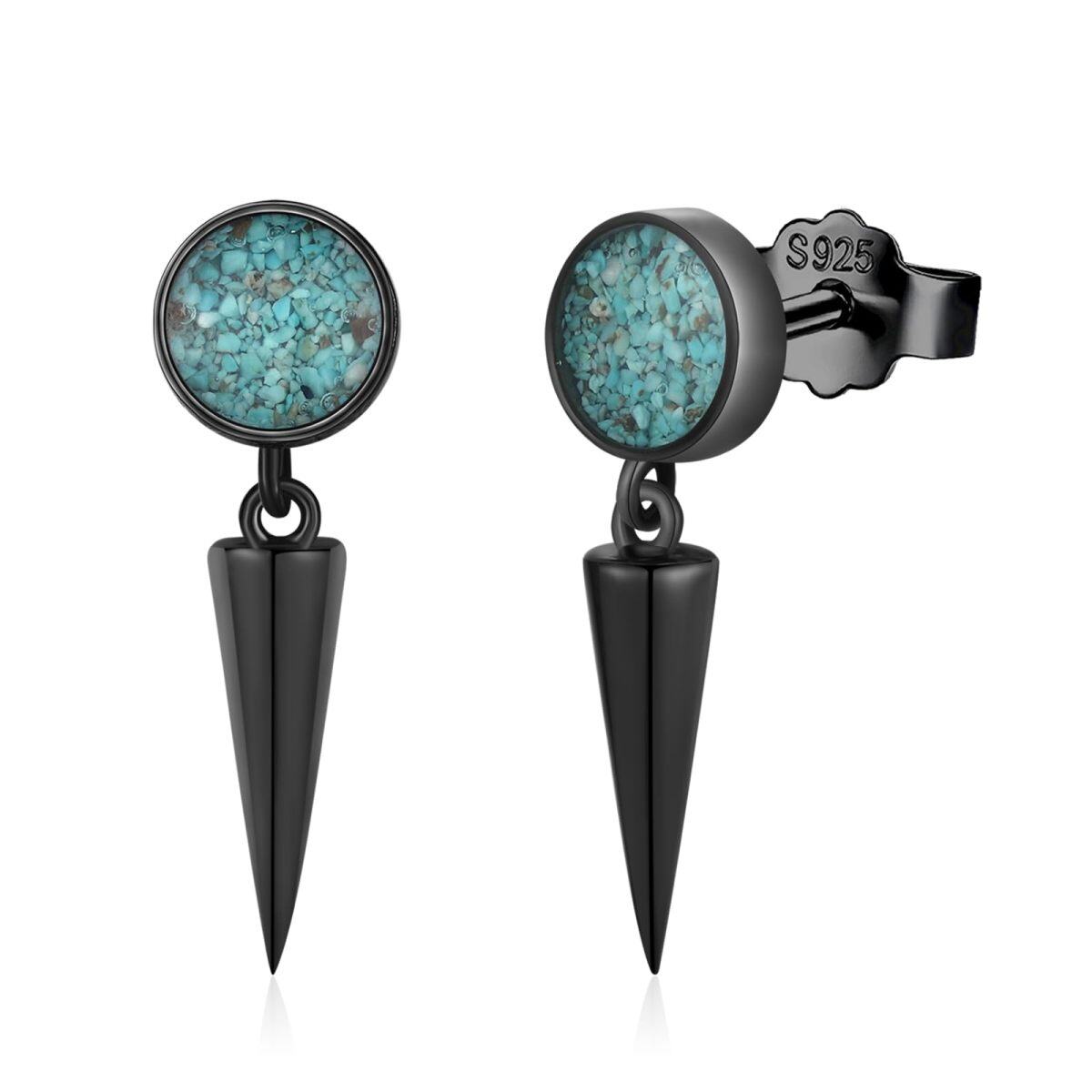 Sterling Silver With Black Color Plated Turquoise Spike Stud Earrings for Women Men-1