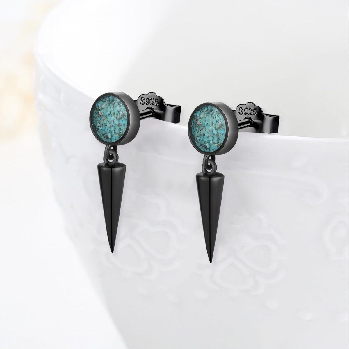 Sterling Silver With Black Color Plated Turquoise Spike Stud Earrings for Women Men-4