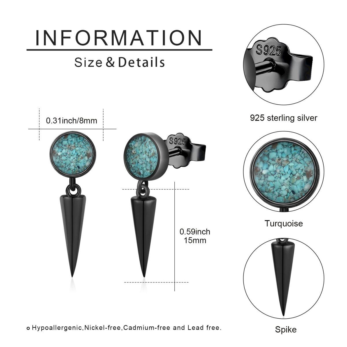 Sterling Silver With Black Color Plated Turquoise Spike Stud Earrings for Women Men-6