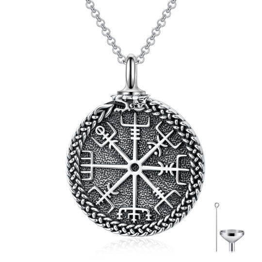 Sterling Silver Black Plated Compass & Viking Rune Urn Necklace For Ashes For Men