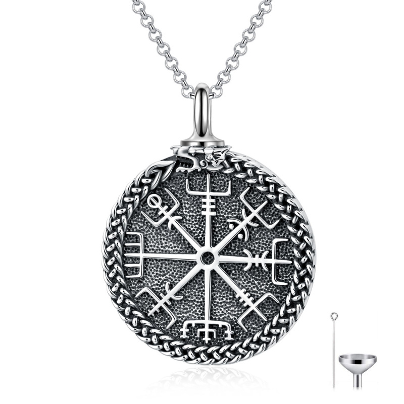 Sterling Silver Compass & Viking Rune Urn Necklace for Ashes for Men-6