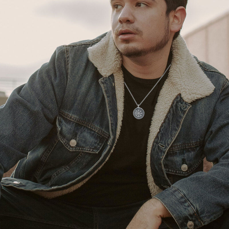 Sterling Silver Compass & Viking Rune Urn Necklace for Ashes for Men-2