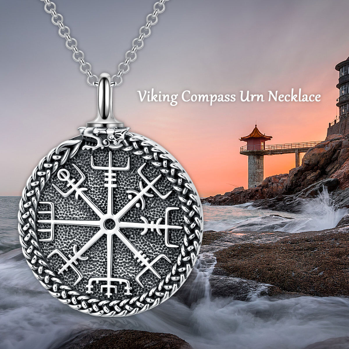 Sterling Silver Black Plated Compass & Viking Rune Urn Necklace For Ashes For Men-3