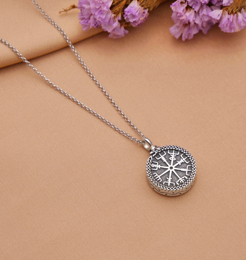 Sterling Silver Compass & Viking Rune Urn Necklace for Ashes for Men-3