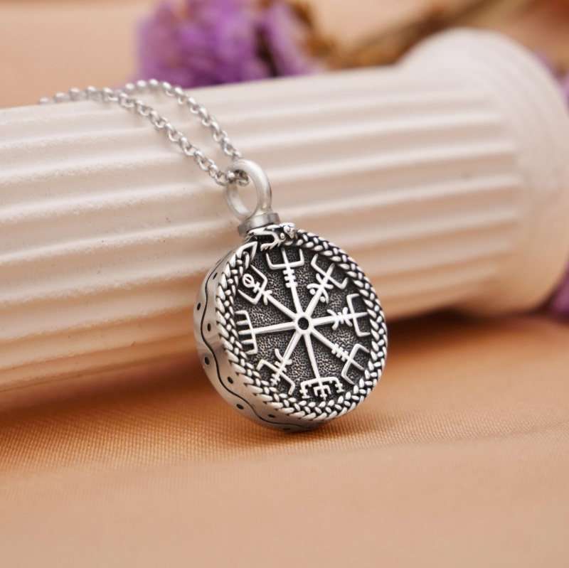 Sterling Silver Compass & Viking Rune Urn Necklace for Ashes for Men-4