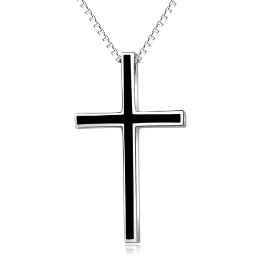 Collier en argent sterling avec pendentif en forme de croix noire et chaîne en forme de boîte