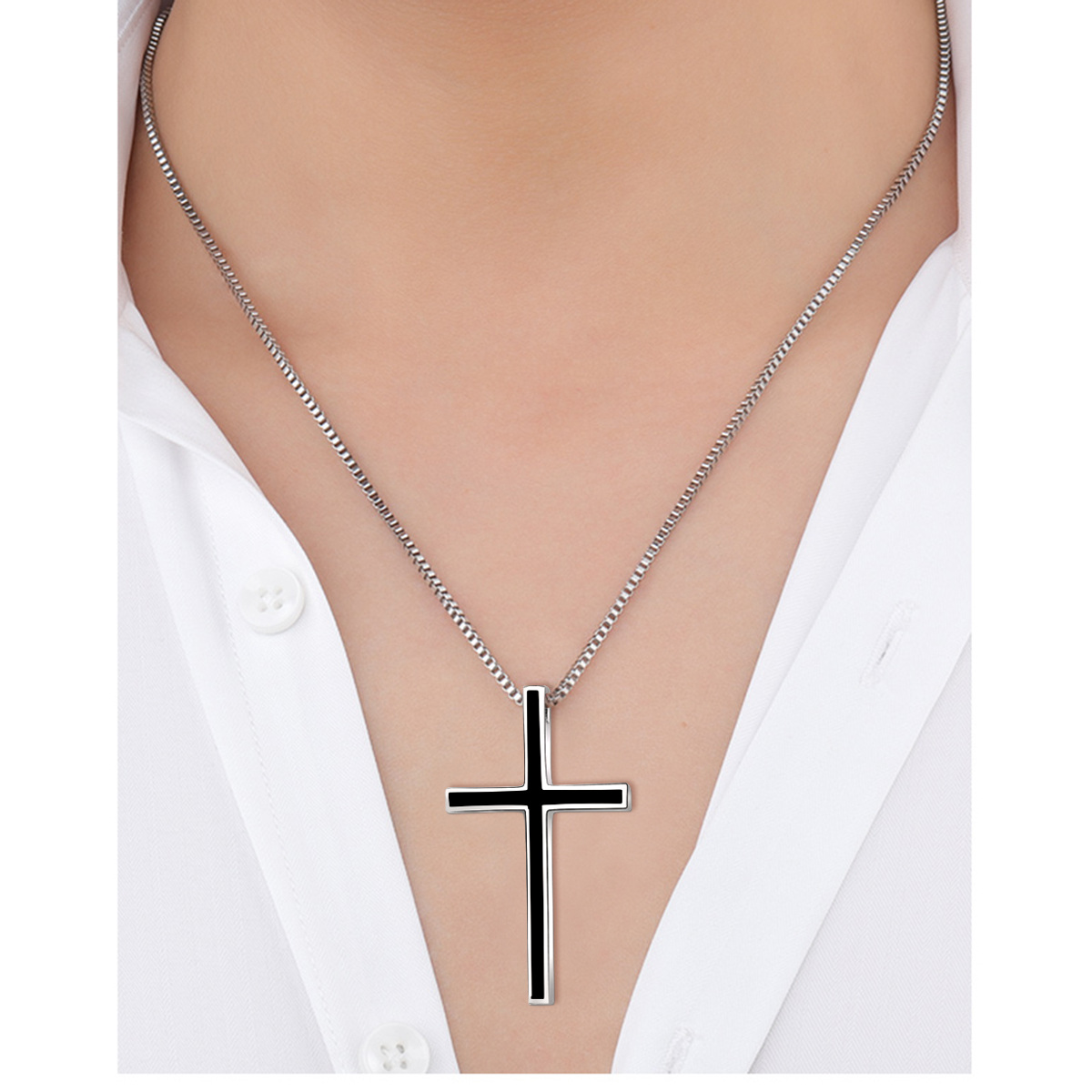 Collana con ciondolo a forma di croce nera in argento 925 con catena a scatola-2