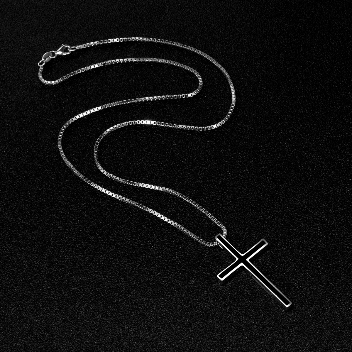 Collana con ciondolo a forma di croce nera in argento 925 con catena a scatola-3