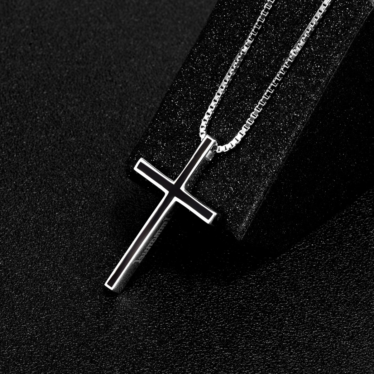 Collana con ciondolo a forma di croce nera in argento 925 con catena a scatola-4