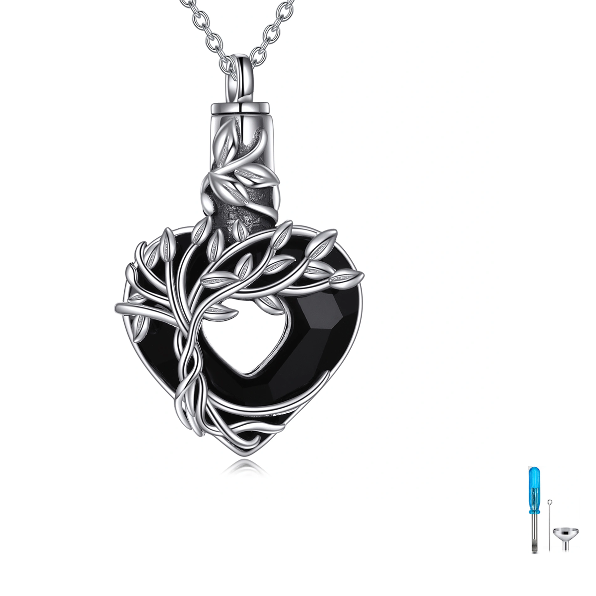 Colar Urna Árvore da Vida em Cristal Negro de Prata de Lei para Cinzas-1