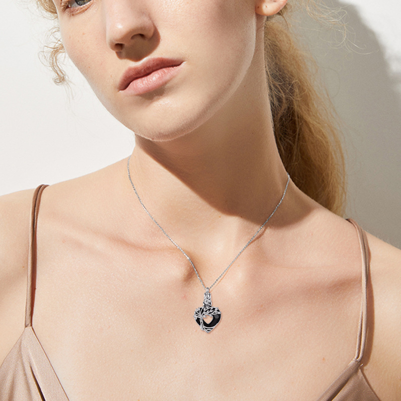 Collar de urna de árbol de la vida de plata de ley con cristales negros para cenizas-2
