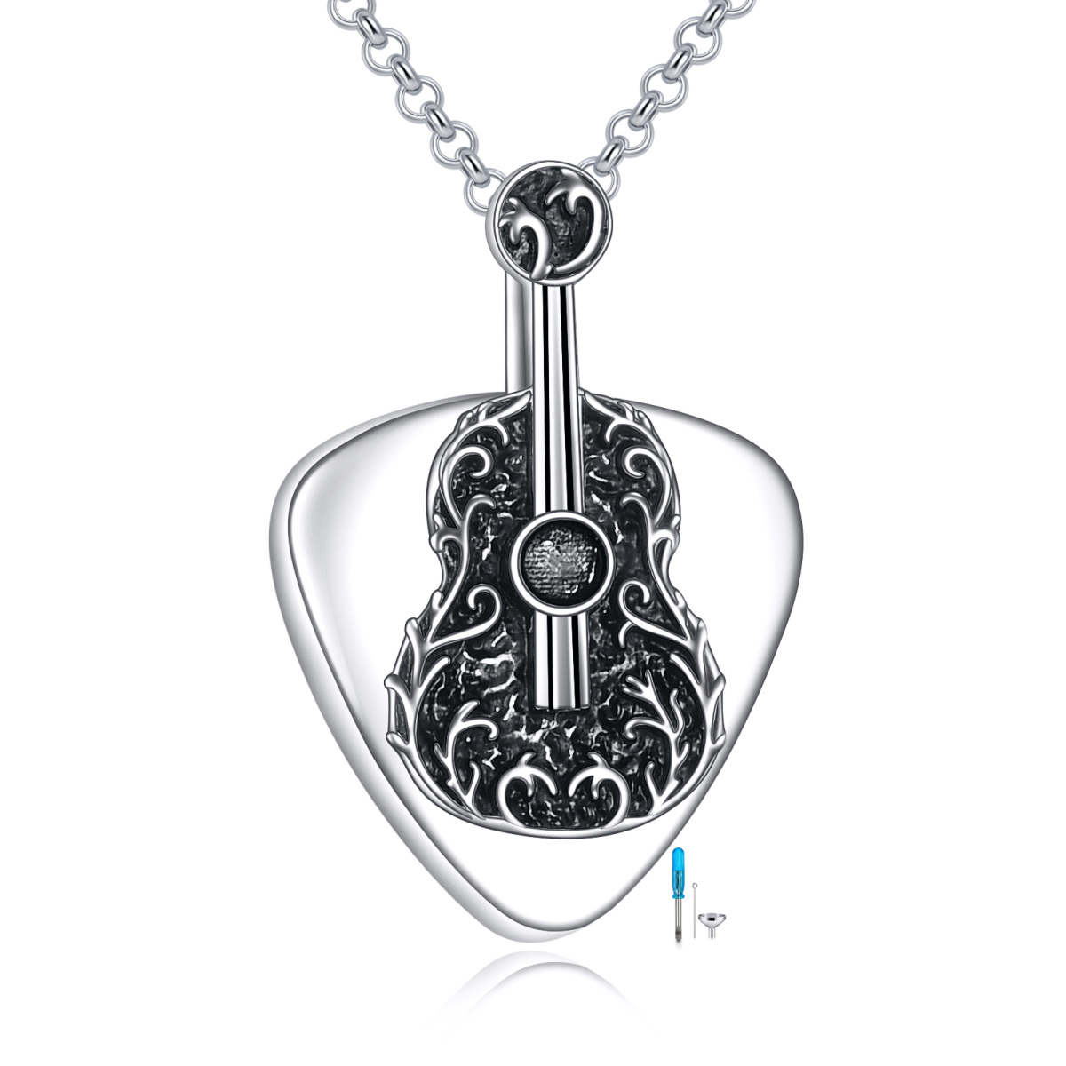 Sterling Silver Black Guitar & Heart Pendant Urn Necklace for Ashes-1