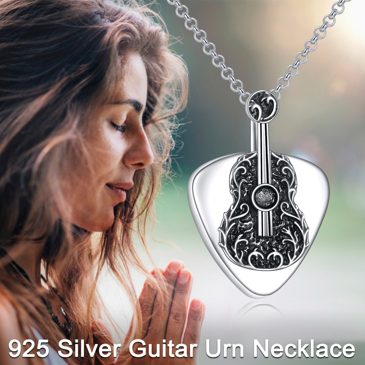 Sterling Silver Black Guitar & Heart Pendant Urn Necklace for Ashes-3