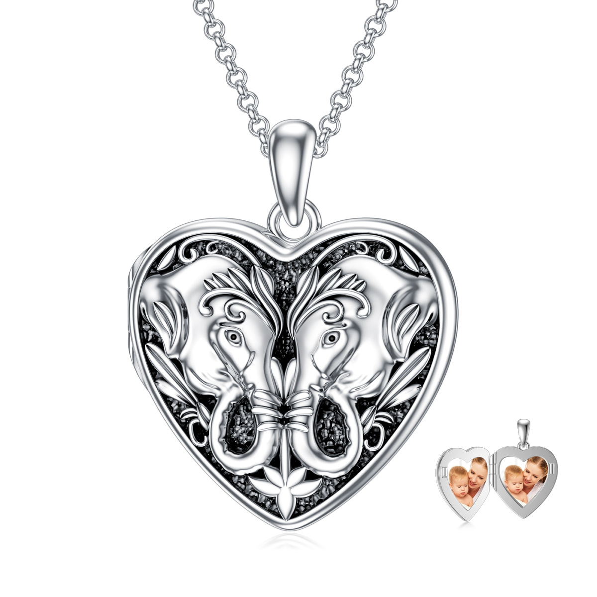 Sterling Silver with Black Plated Heart Shaped Elephant Personalized Photo Locket Necklace-1