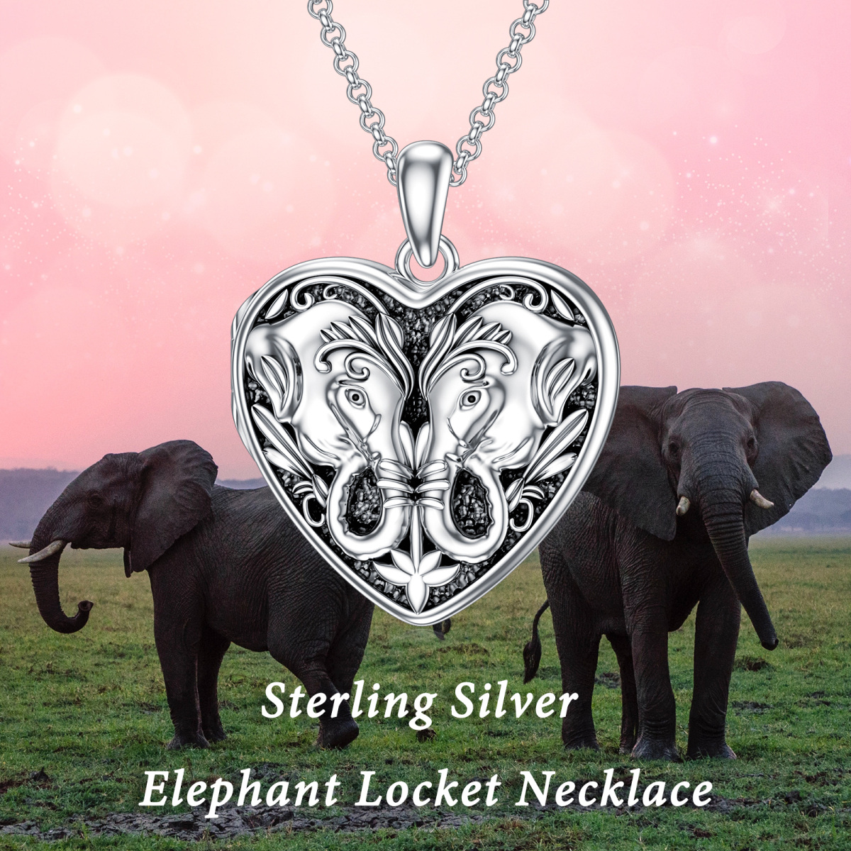 Sterling Silver with Black Plated Heart Shaped Elephant Personalized Photo Locket Necklace-4