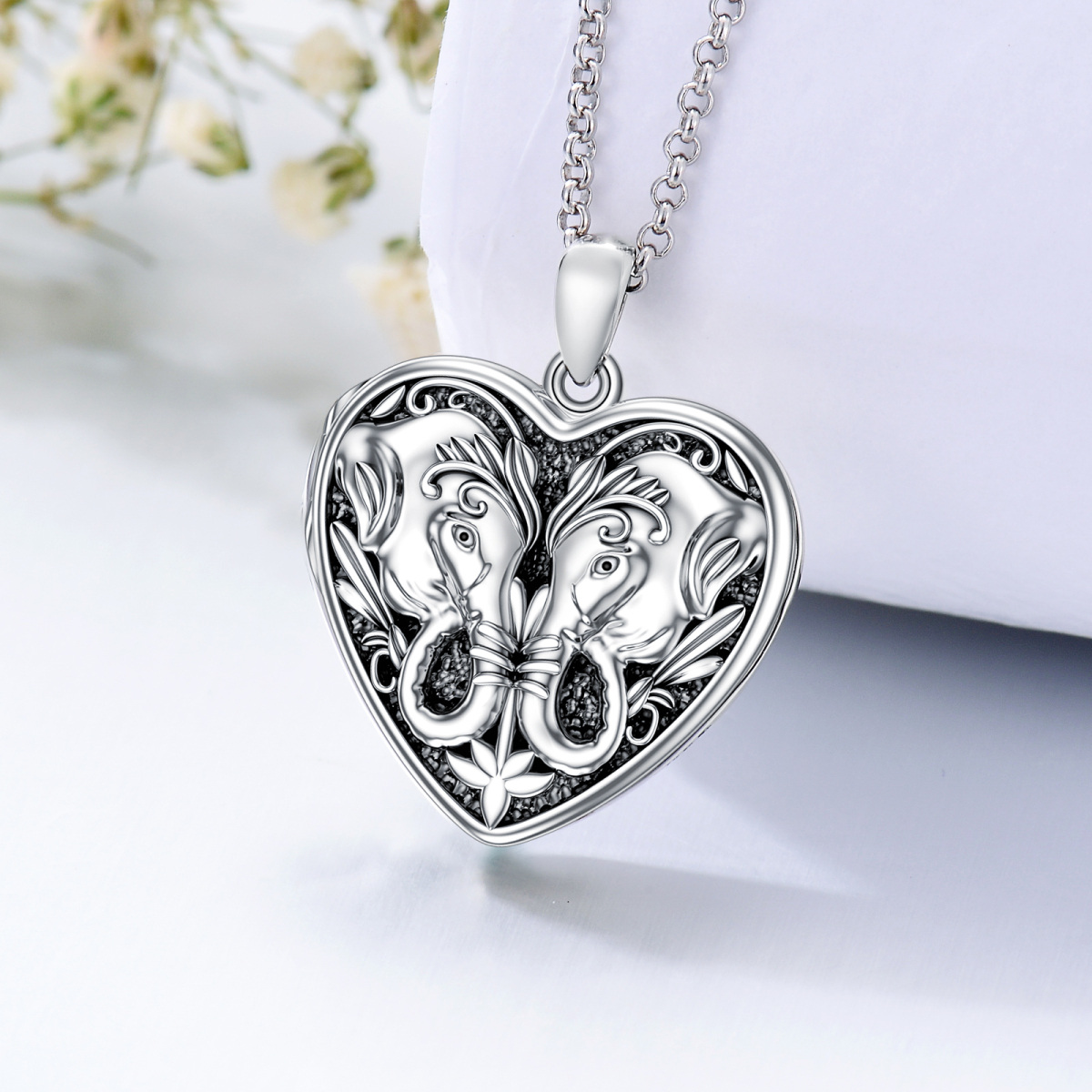 Sterling Silver with Black Plated Heart Shaped Elephant Personalized Photo Locket Necklace-5