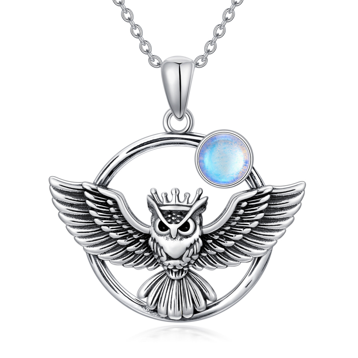 Collier pendentif hibou en argent sterling avec pierre de lune plaquée noire-1