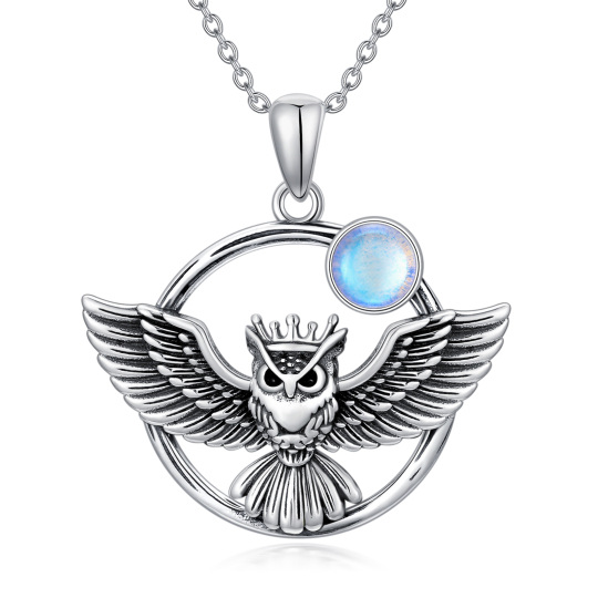 Sterling Silver with Black Plated Moonstone Owl Pendant Necklace