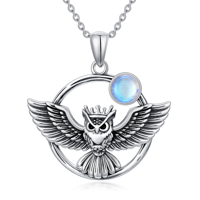 Sterling Silver with Black Plated Moonstone Owl Pendant Necklace-4