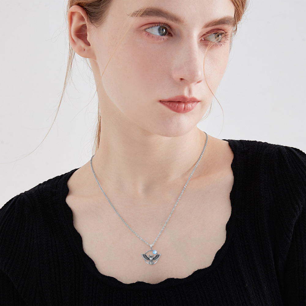 Sterling Silver with Black Plated Moonstone Owl Pendant Necklace-2