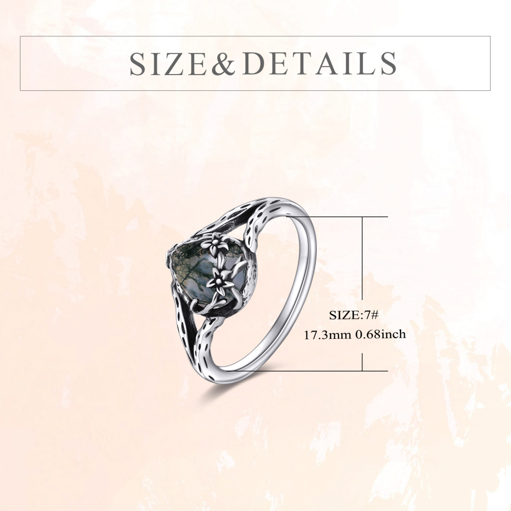 Sterling Silver with Black Plated Moss Agate Drop Shape Ring-3