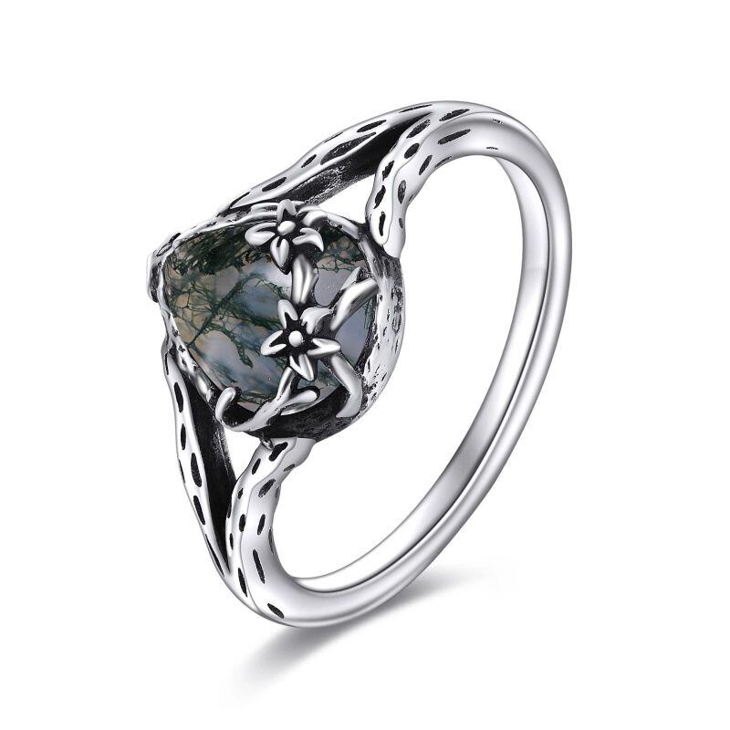 Sterling Silver with Black Plated Moss Agate Drop Shape Ring-3