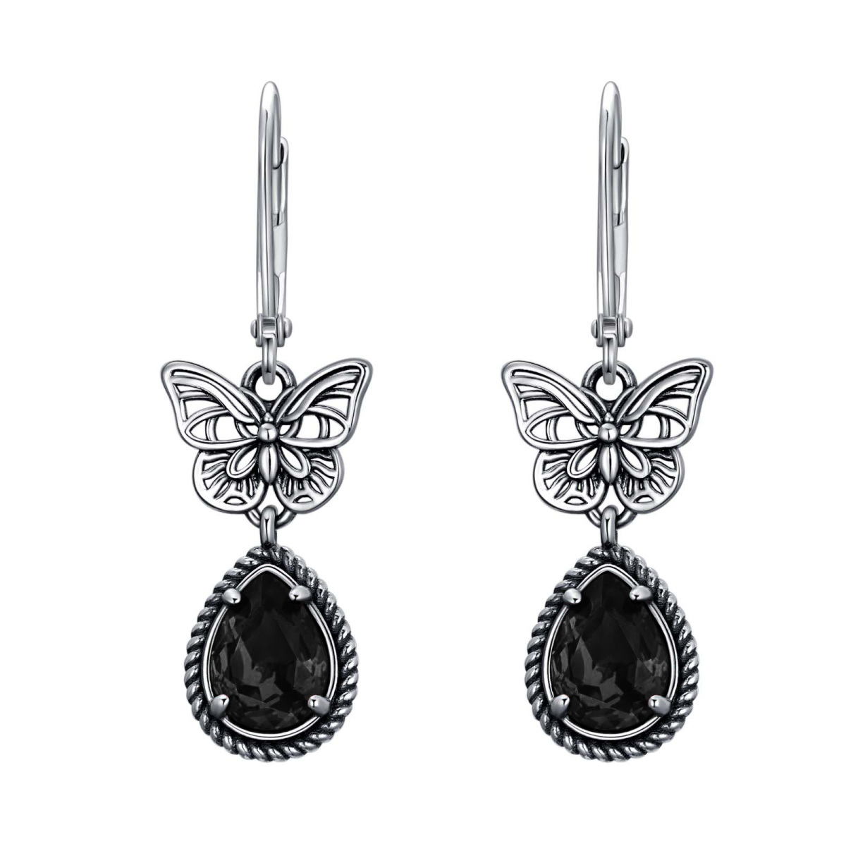 Sterling Silver Black Pear Crystal Butterfly Lever-back Earrings for Women-1