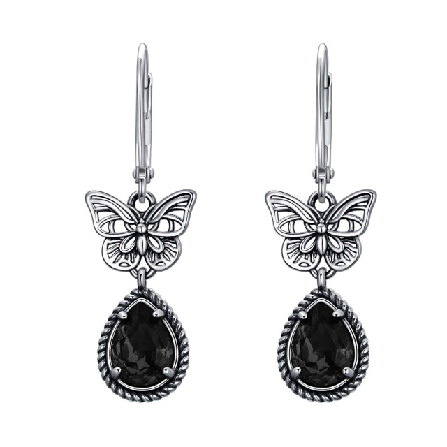 Orecchini a leva con farfalla in cristallo nero a pera in argento sterling per donna-1