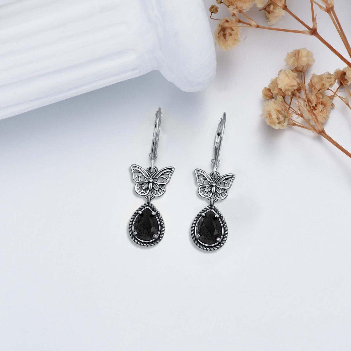 Sterling Silver Black Pear Crystal Butterfly Lever-back Earrings for Women-3