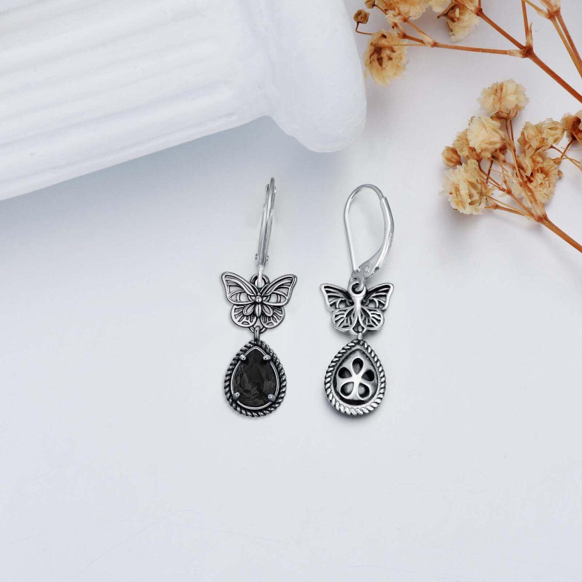 Boucles d'oreilles à levier en argent sterling avec cristal noir et papillon pour femme-4