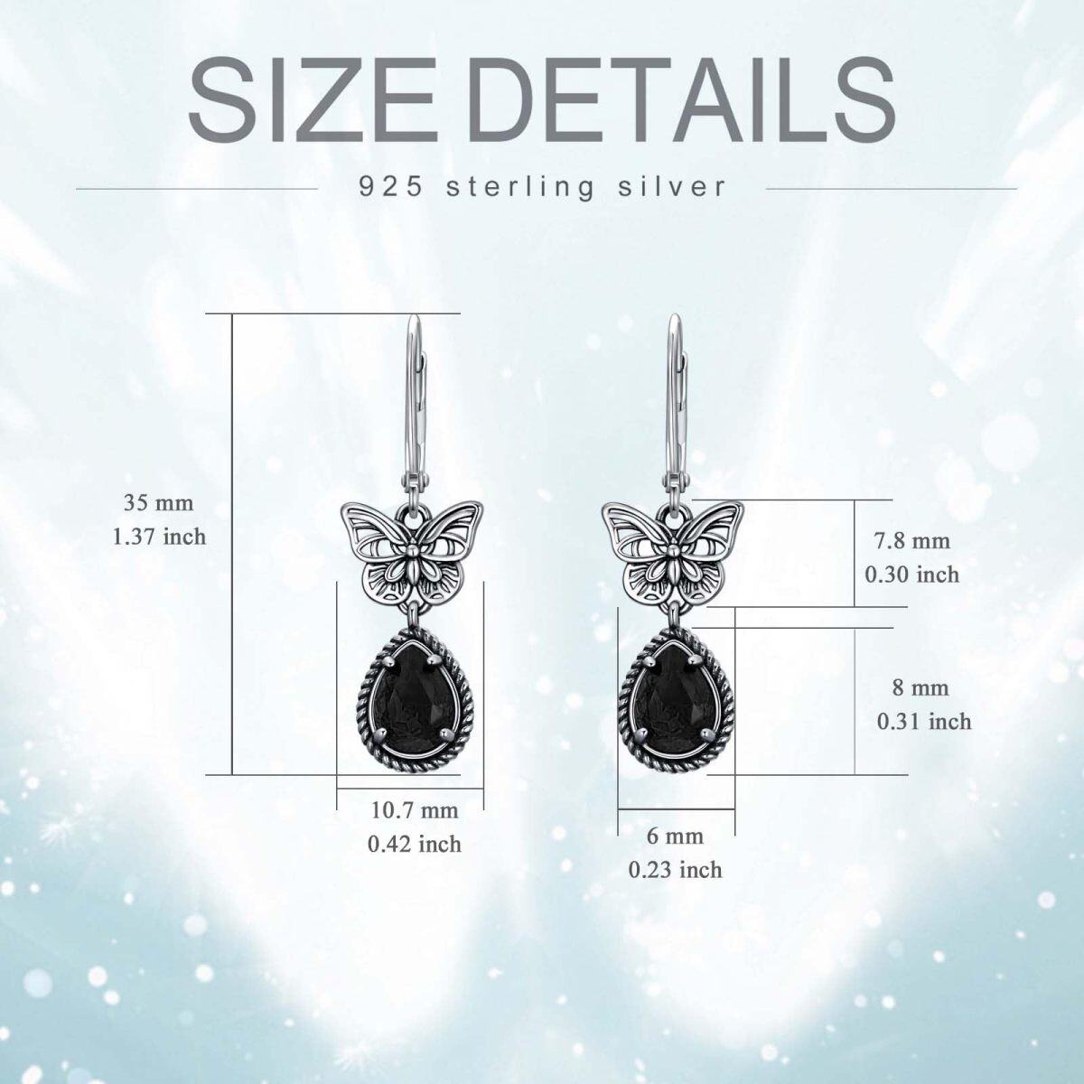 Sterling Silver Black Pear Crystal Butterfly Lever-back Earrings for Women-5