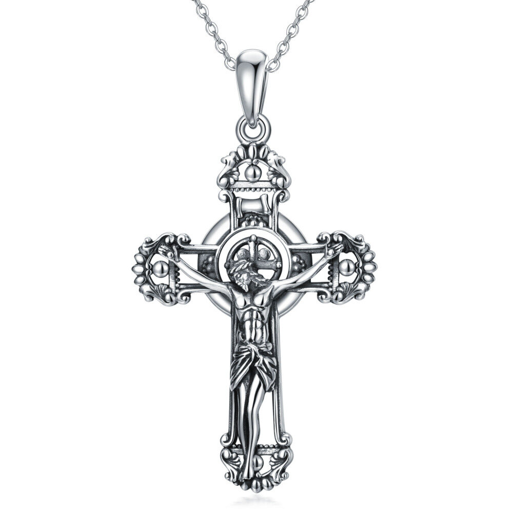Sterling Silver with Black Rhodium Allah & Cross Pendant Necklace-1
