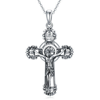 Sterling Silver with Black Rhodium Allah & Cross Pendant Necklace-2