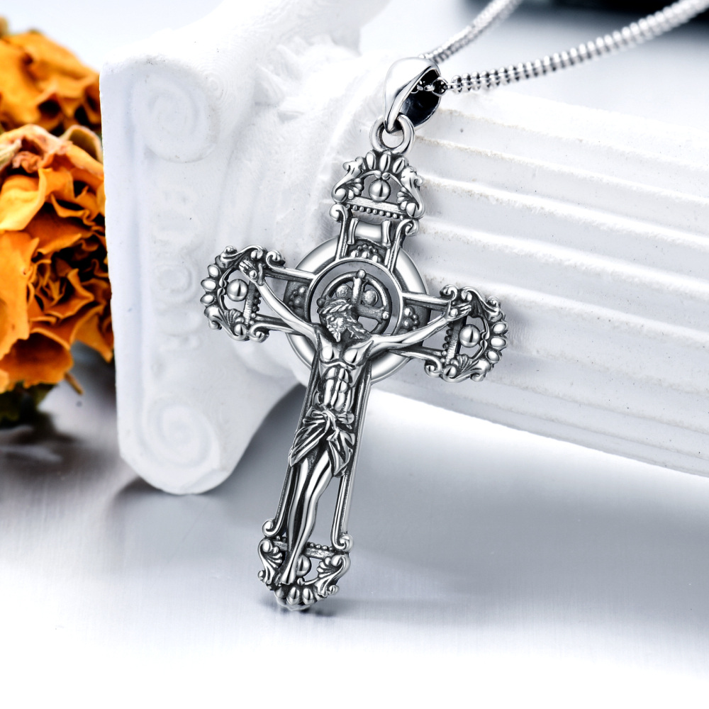 Sterling Silver with Black Rhodium Allah & Cross Pendant Necklace-3