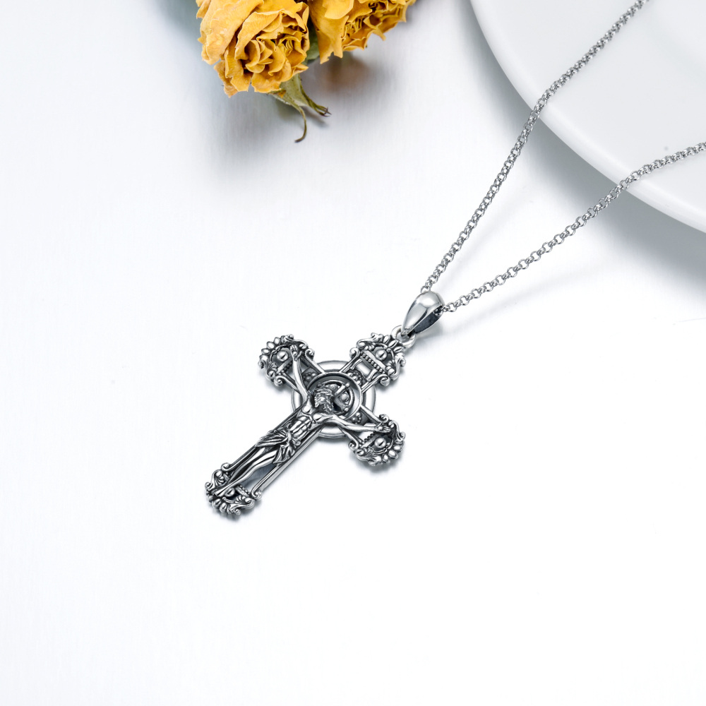 Sterling Silver with Black Rhodium Allah & Cross Pendant Necklace-4