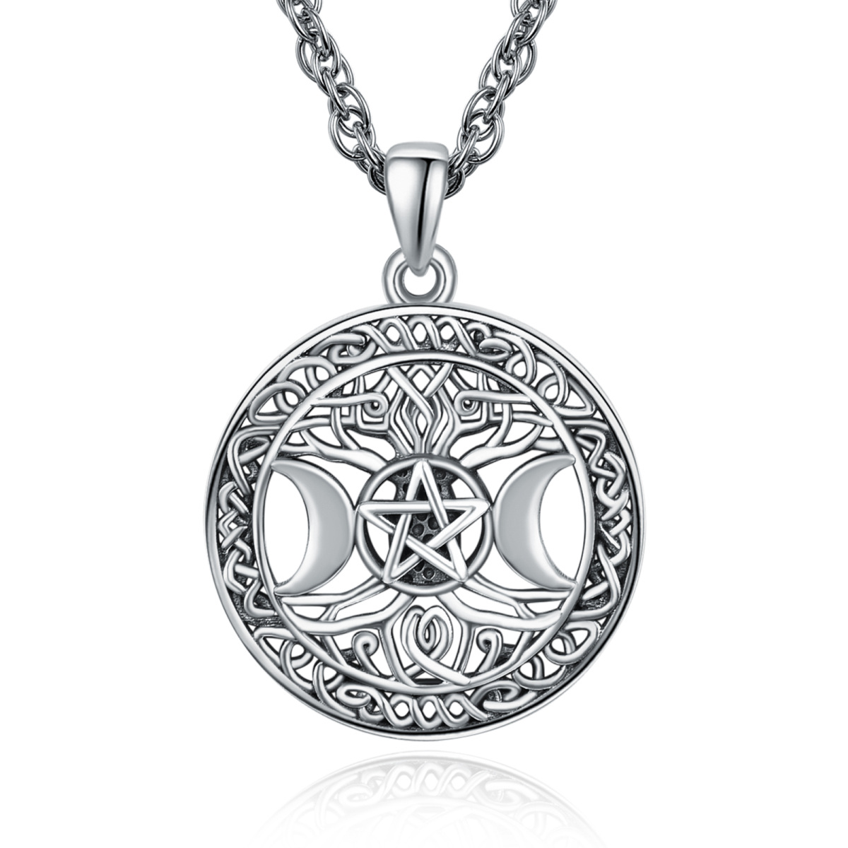 Collana in argento sterling e rodio nero con nodo celtico e ciondolo della dea della tripla luna-1