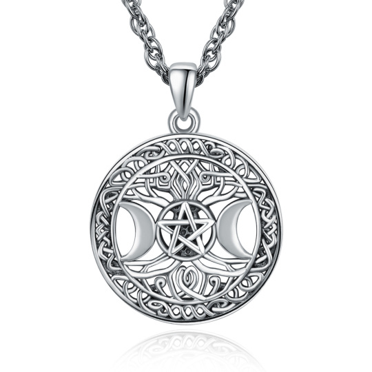 Sterling Silver with Black Rhodium Celtic Knot & Triple Moon Goddess Pendant Necklace