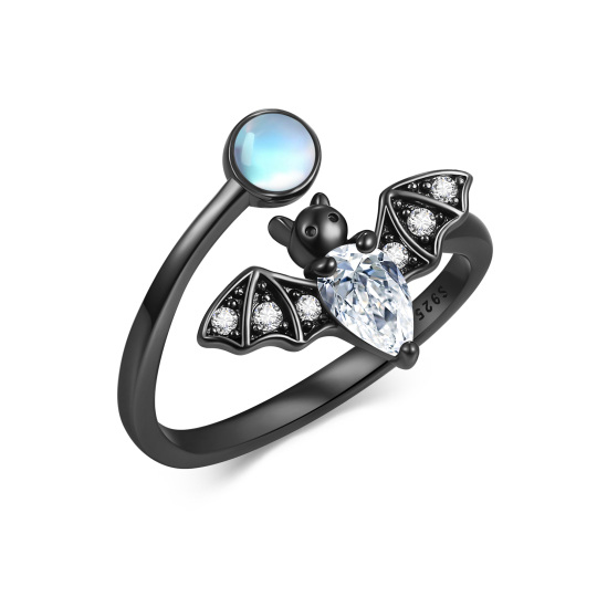 Sterling Silver with Black Rhodium Circular Shaped Moonstone Bat Open Ring