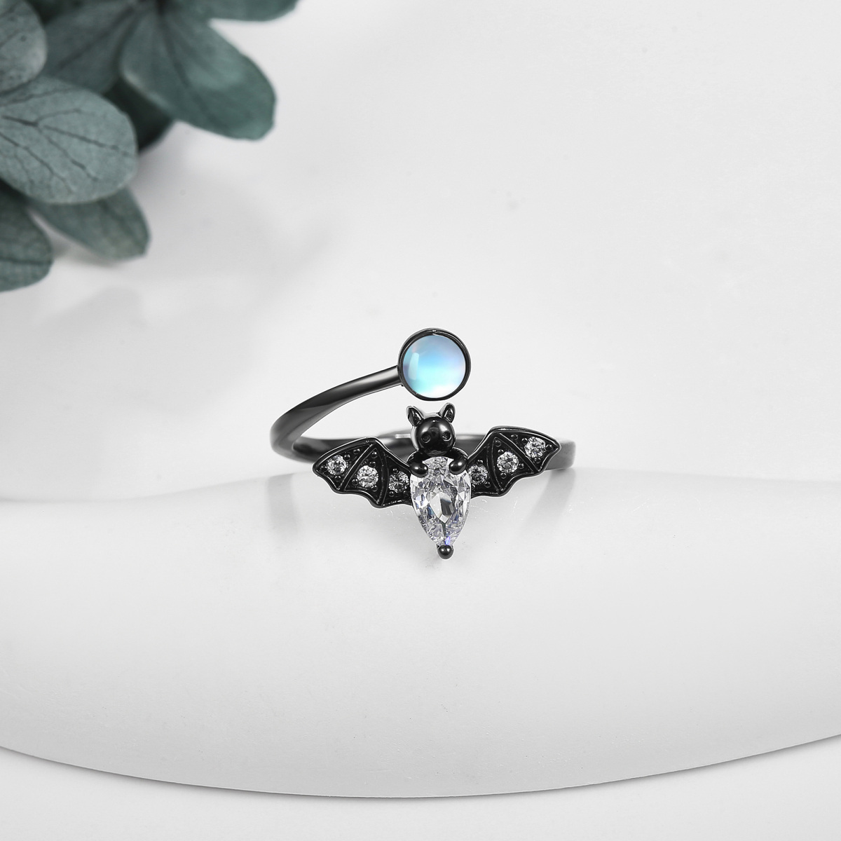 Sterling Silver with Black Rhodium Circular Shaped Moonstone Bat Open Ring-3