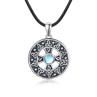 Sterling Silver with Black Rhodium Circular Shaped Moonstone Celtic Knot & Cross Pendant Necklace-30