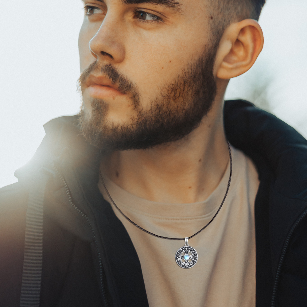 Sterling Silver with Black Rhodium Circular Shaped Moonstone Celtic Knot & Cross Pendant Necklace-3