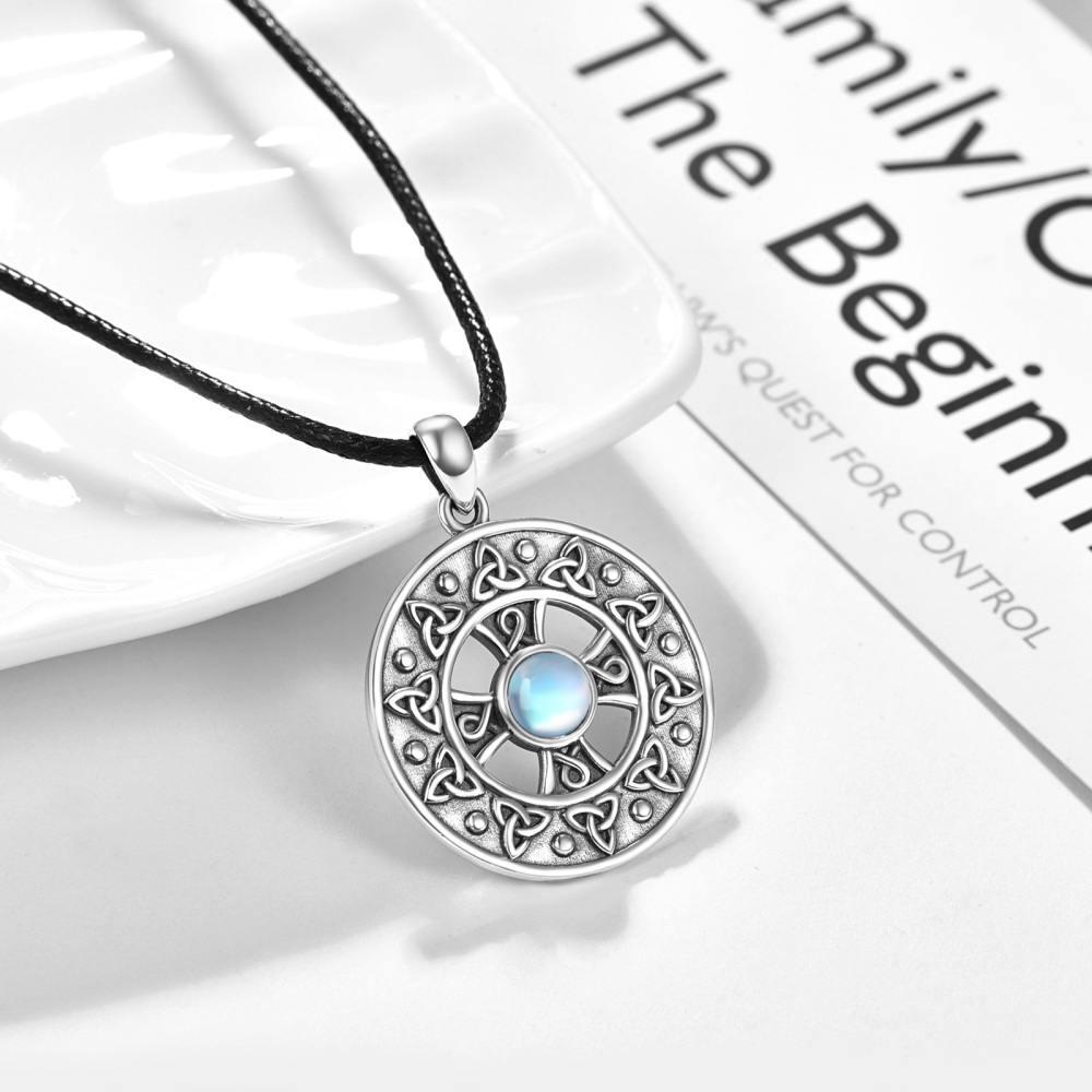 Sterling Silver with Black Rhodium Circular Shaped Moonstone Celtic Knot & Cross Pendant Necklace-4