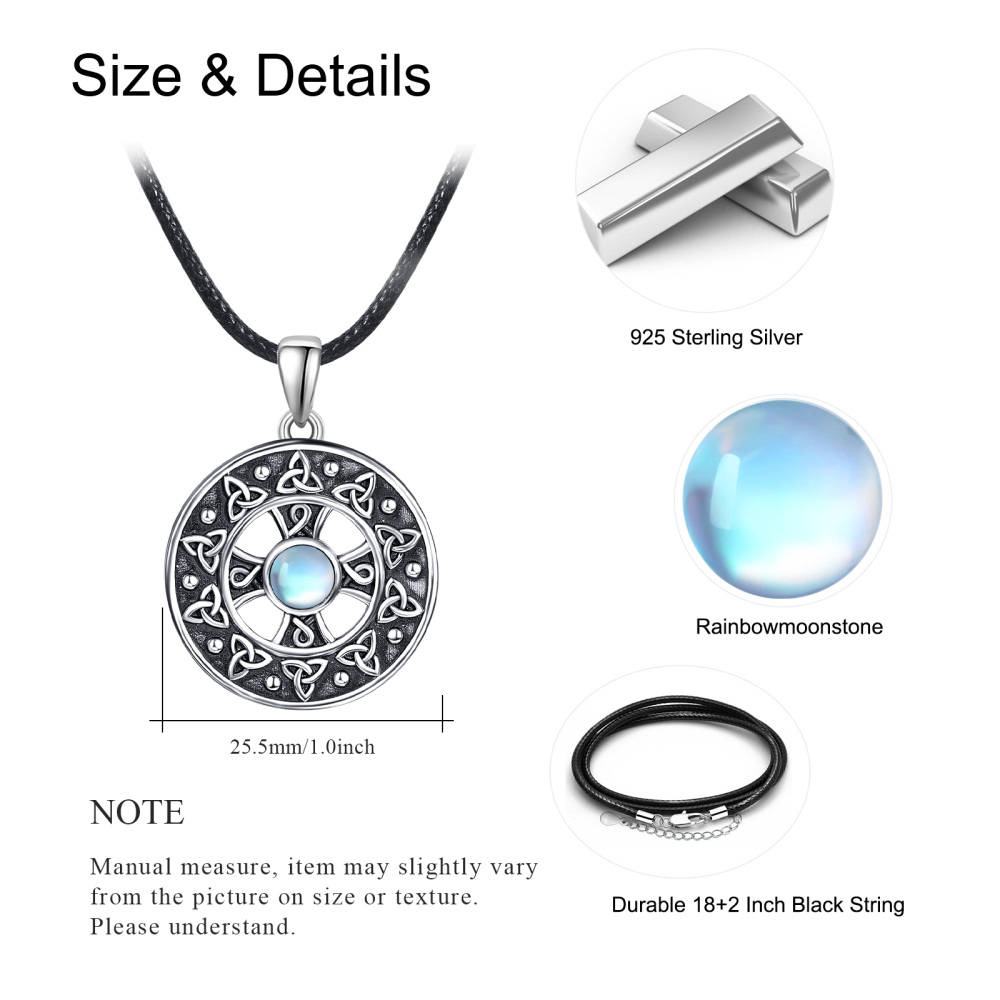 Sterling Silver with Black Rhodium Circular Shaped Moonstone Celtic Knot & Cross Pendant Necklace-5