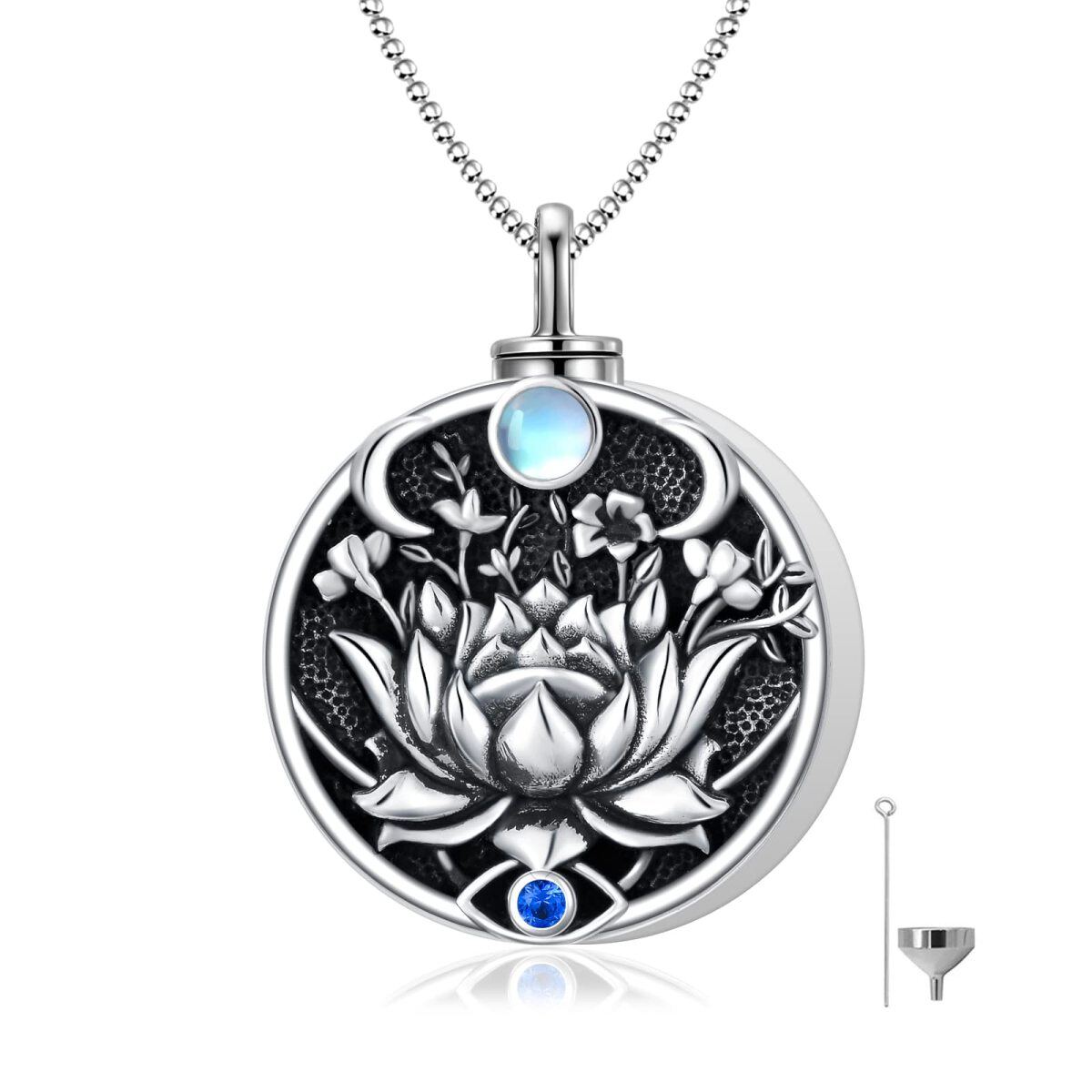 Collar de plata de ley con loto de piedra lunar de rodio negro con urna de mal de ojo para cenizas para mujeres-1