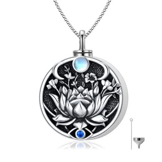 Sterling Silber mit schwarzem Rhodium-Mondstein, Lotus mit bösem Blick, Urnen-Halskette für Asche für Frauen