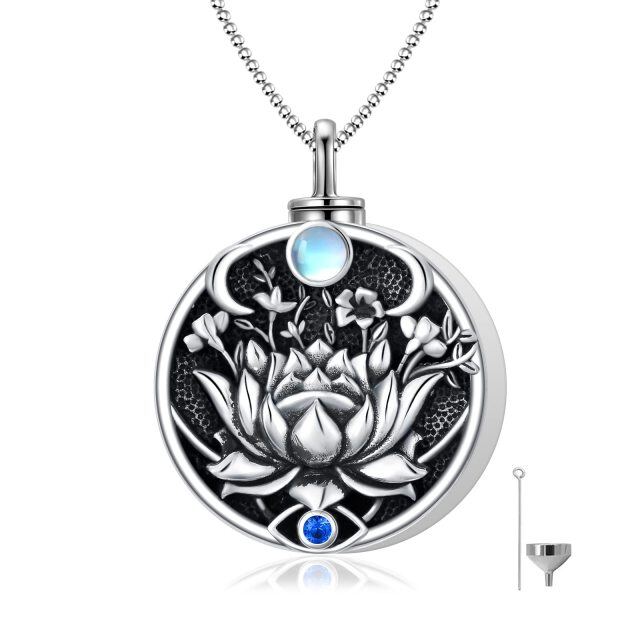 Sterling Silver with Black Rhodium Circular Shaped Cubic Zirconia & Moonstone Lotus & Evil Eye Urn Necklace for Ashes-3