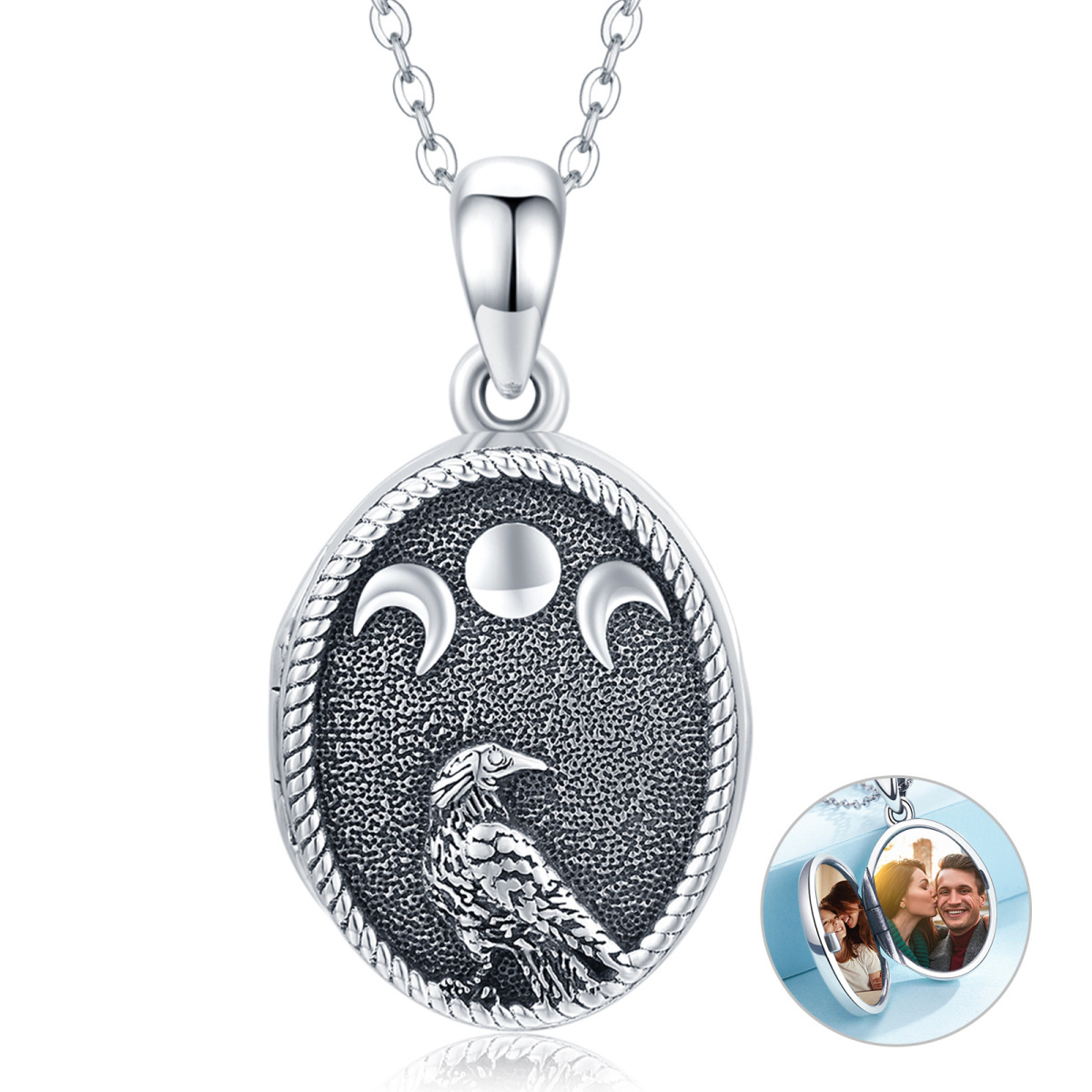 Sterling Silber mit schwarzem Rhodium Farbe Vogel & Viking Rune personalisierte Foto Medai-1