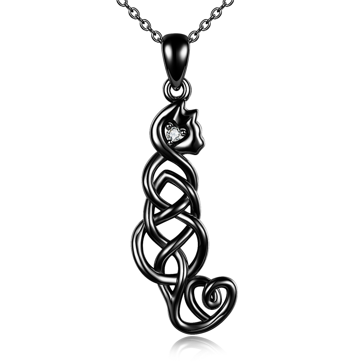 Sterling Silver with Black Rhodium Color Cat & Celtic Knot Pendant Necklace-1