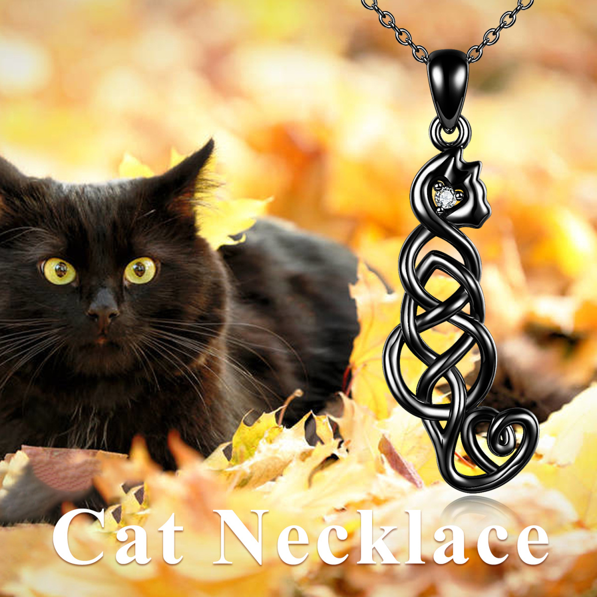 Collier en argent sterling avec pendentif chat et nœud celtique en rhodium noir-3